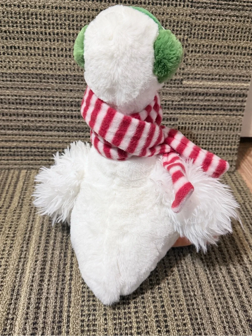Plush White Duck Toy with Green Earmuffs and Red Striped Scarf
